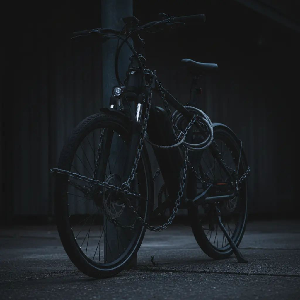 Dark silhouette of a secured electric bike